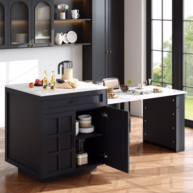Aosom UK Extendable Bar Table and Kitchen Island in Black with 2 Drawers and 4 Compartments, W/D/H: 133-202 x 70 x 93.5 cm