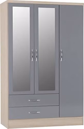 Seconique Nevada 3 Door 2 Drawer Mirrored Wardrobe in Grey Gloss and Oak – 1