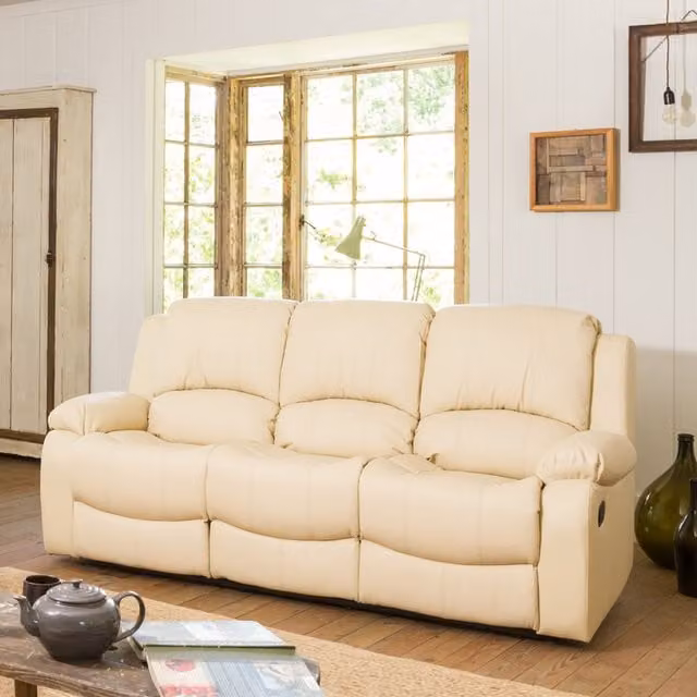 Artemis Home Glendale 3 Seat Manual Recliner Sofa in Beige and White Upholstered Synthetic Leather