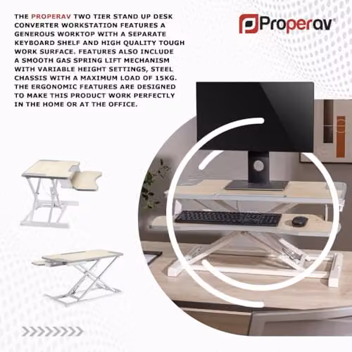 Properav Mobile Two Tier Stand Up Desk Converter Workstation with Gas Spring Height Adjustment and Keyboard Tray, White – 6