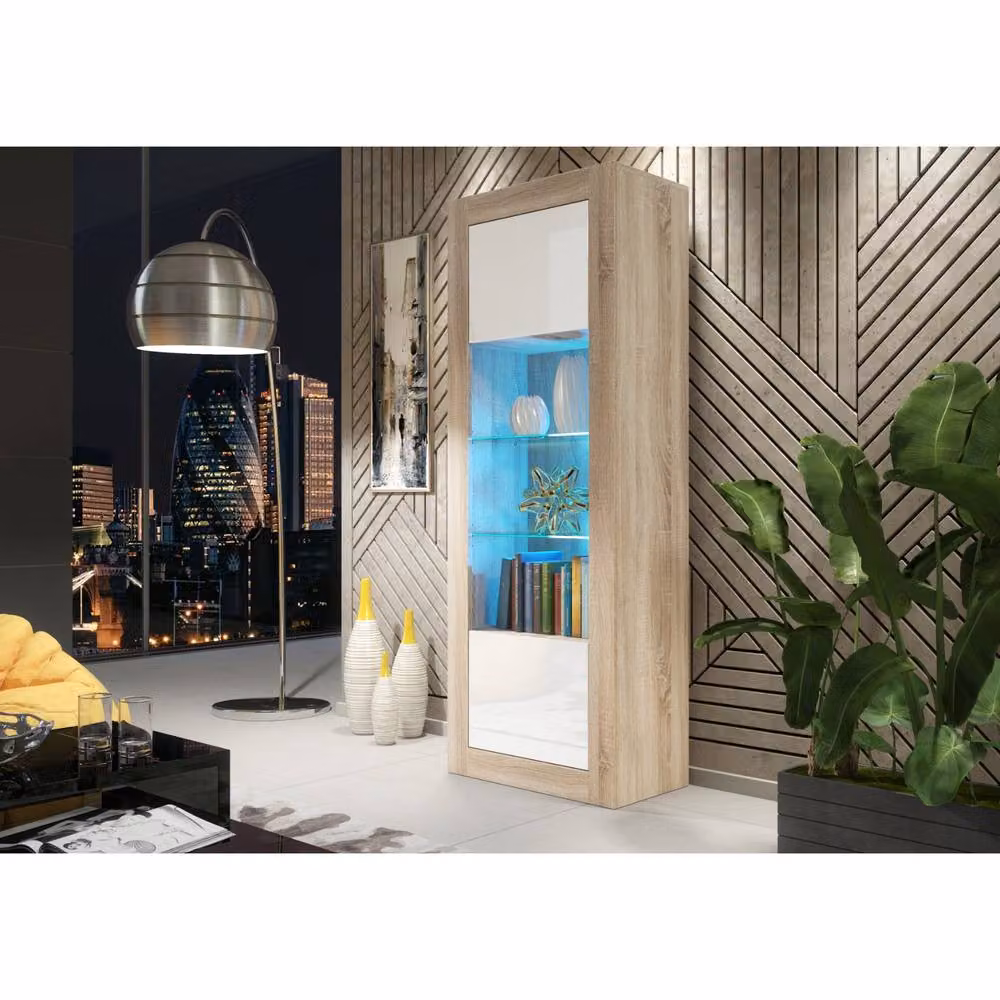 Mex Furniture LTD Illume Display Cabinet in Oak and White Gloss with LED Lighting, H 170 cm x W 63 cm x D 35 cm – 2