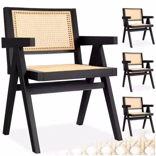 tectake Set of 4 Mid-Century Modern Dining Chairs in Black with Solid Wood Frame and Viennese Wickerwork