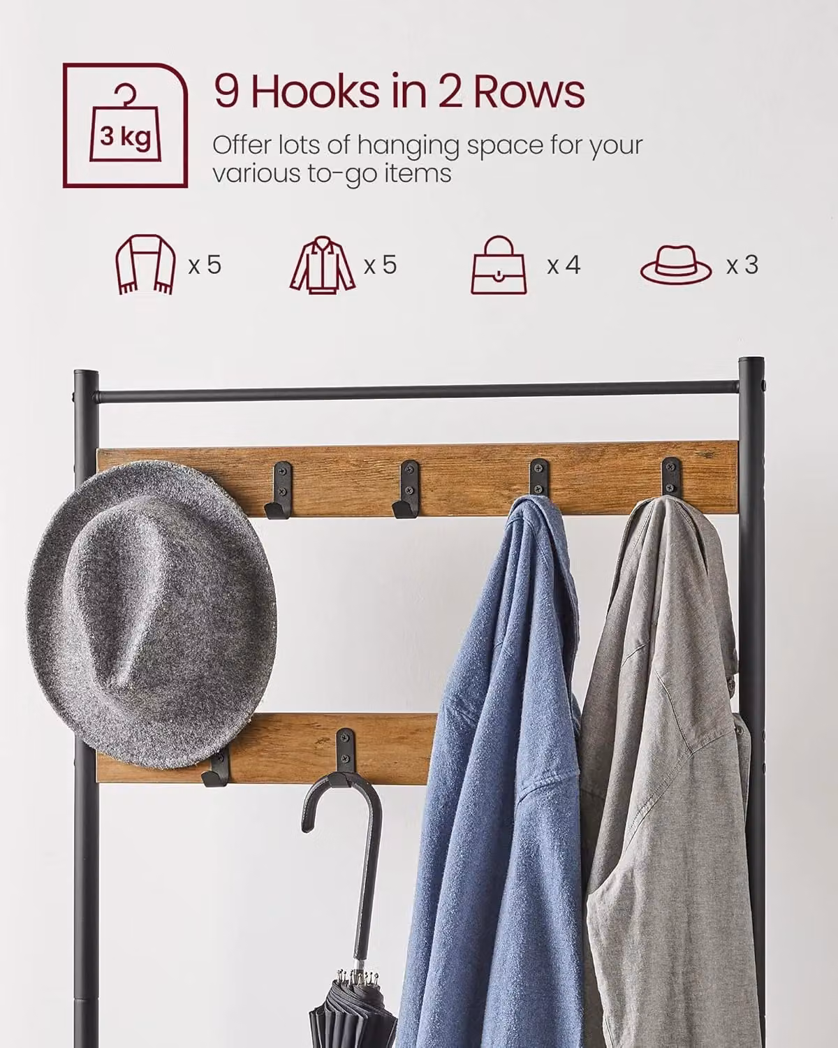 VASAGLE Industrial Hallway Coat Rack with Bench and Shoe Rack, Metal Frame, Brown – 4