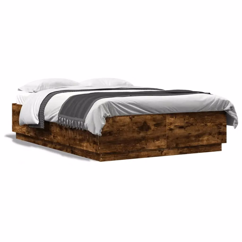 Berkfield Home King Size Bed Frame with LED Under-Bed Lighting and USB Charging Port in Smoked Oak Brown, W: 150 cm, L: 200 cm – 3