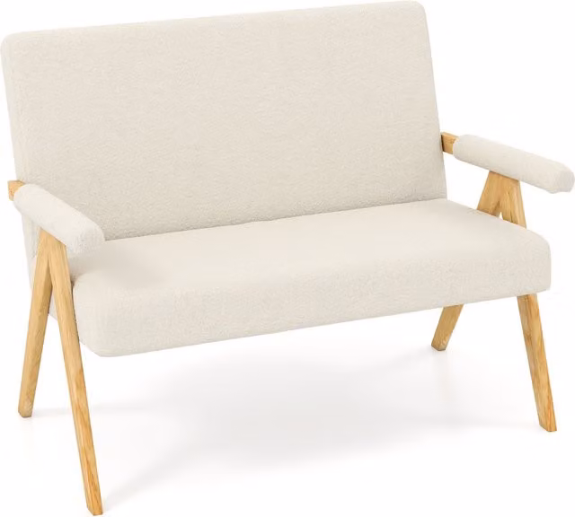 COSTWAY Mid-Century White Bouclé Fabric Upholstered Loveseat Sofa with Foam Padding and Rubberwood Frame