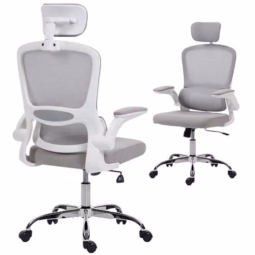 HOMCOM Ergonomic Grey Fabric Home Office Chair with Headrest and Armrests