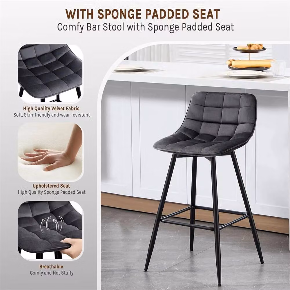 Nordara Set of 2 Modern Velvet and Metal Bar Stools in Dark Grey – 4