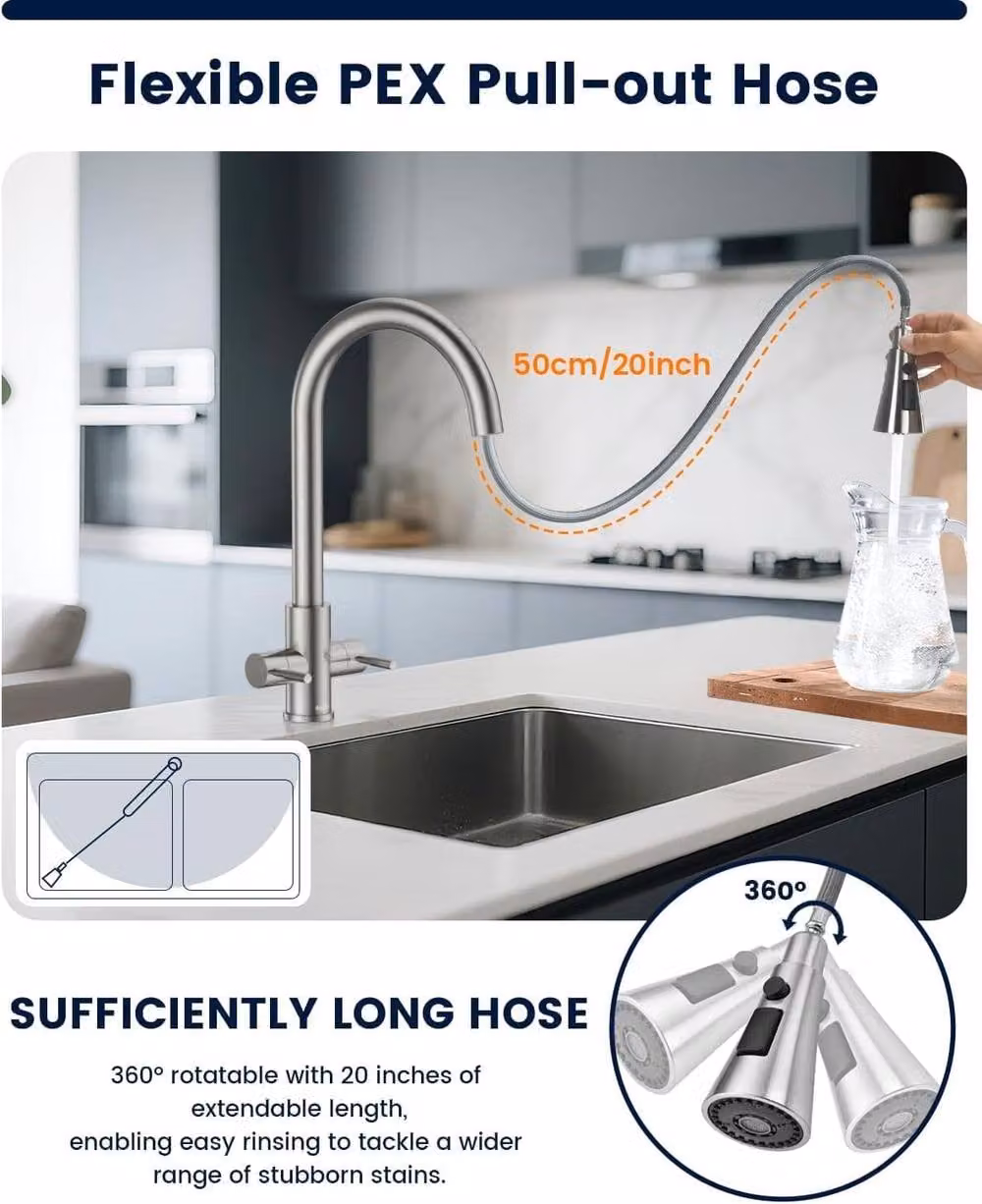 JANLEMNY Dual Lever Kitchen Sink Mixer Tap with Pull-Out Spout and 360 Degree Swivel in Silver Brushed Steel – 5