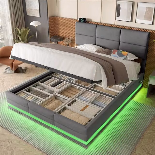 Direct Wicker Grey Velvet Upholstered King Bed with LED Lighting, USB Charging Ports and Lift Up Base, 180 x 200 cm