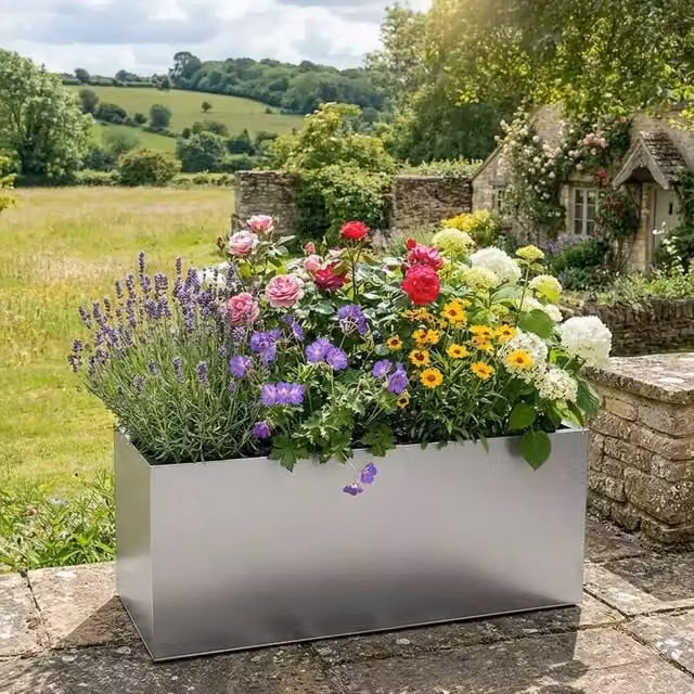 Woven Wood Silver Galvanised Steel Trough Planter
