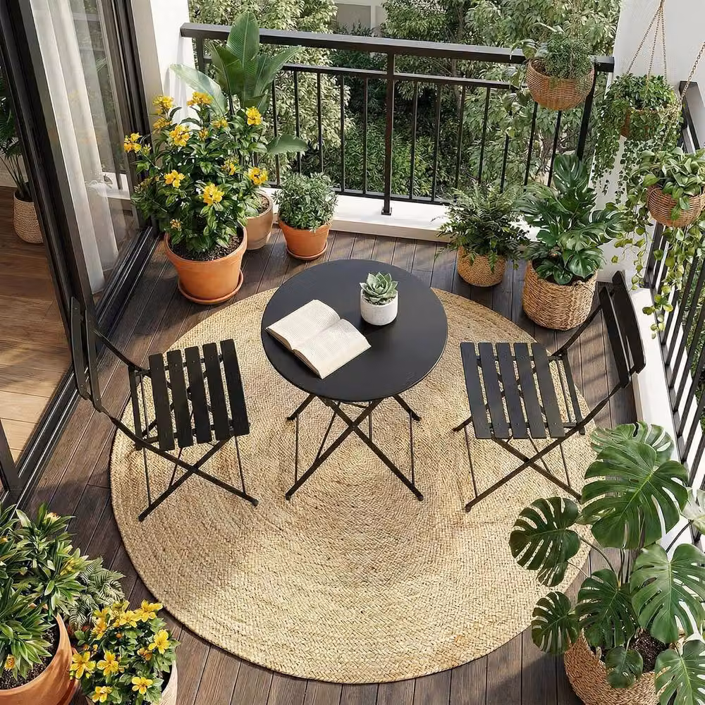 London Boutique 3-Piece Metal Bistro Set with Round Table and 2 Chairs in Matt Black – 5