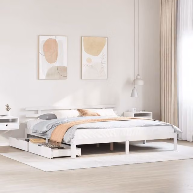 Berkfield Home Super King Bed Frame with Drawers in White Pine Wood, W/D/H: 180 x 200 cm
