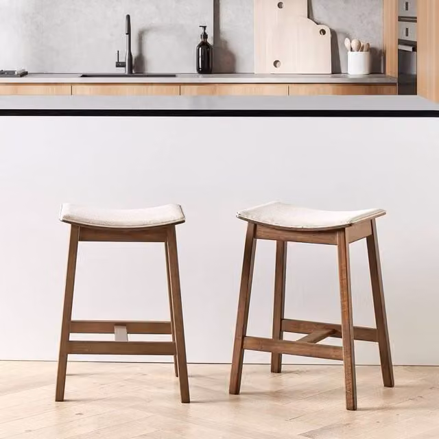 Wyld and Coco Set of 2 Backless Bar Chairs with Beige Polyester Upholstery and Dark Brown Rubberwood Frames – 1