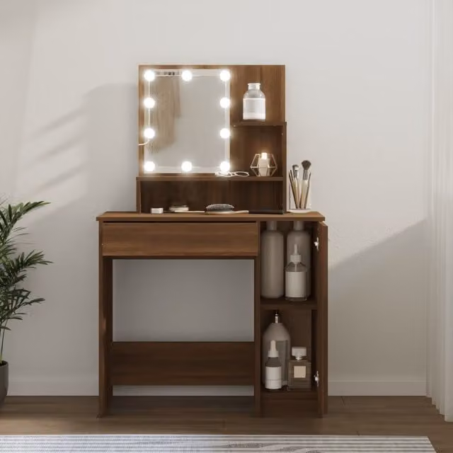 Berkfield Home Modern Dressing Table with LED in Brown Oak, W: 86.5 cm, D: 35 cm, H: 136 cm – 1