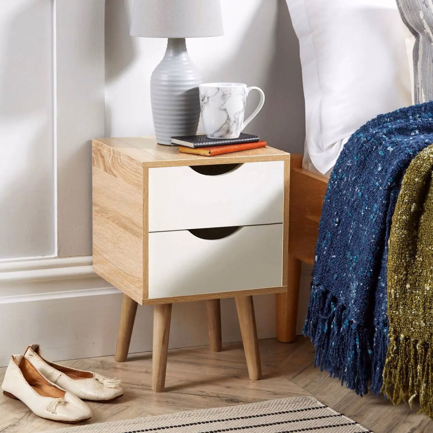 Home Source Pair of Oak 2 Drawer Bedside Cabinets with Wooden Legs – 2