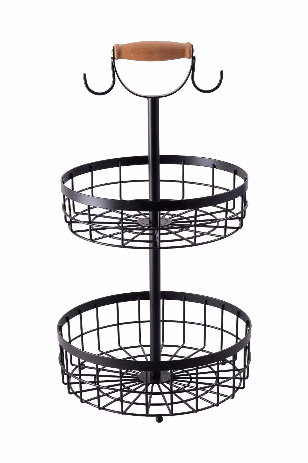 Living and Home 2-Tier Fruit Basket Storage Rack with Hangers and Wooden Handle in Black – 3