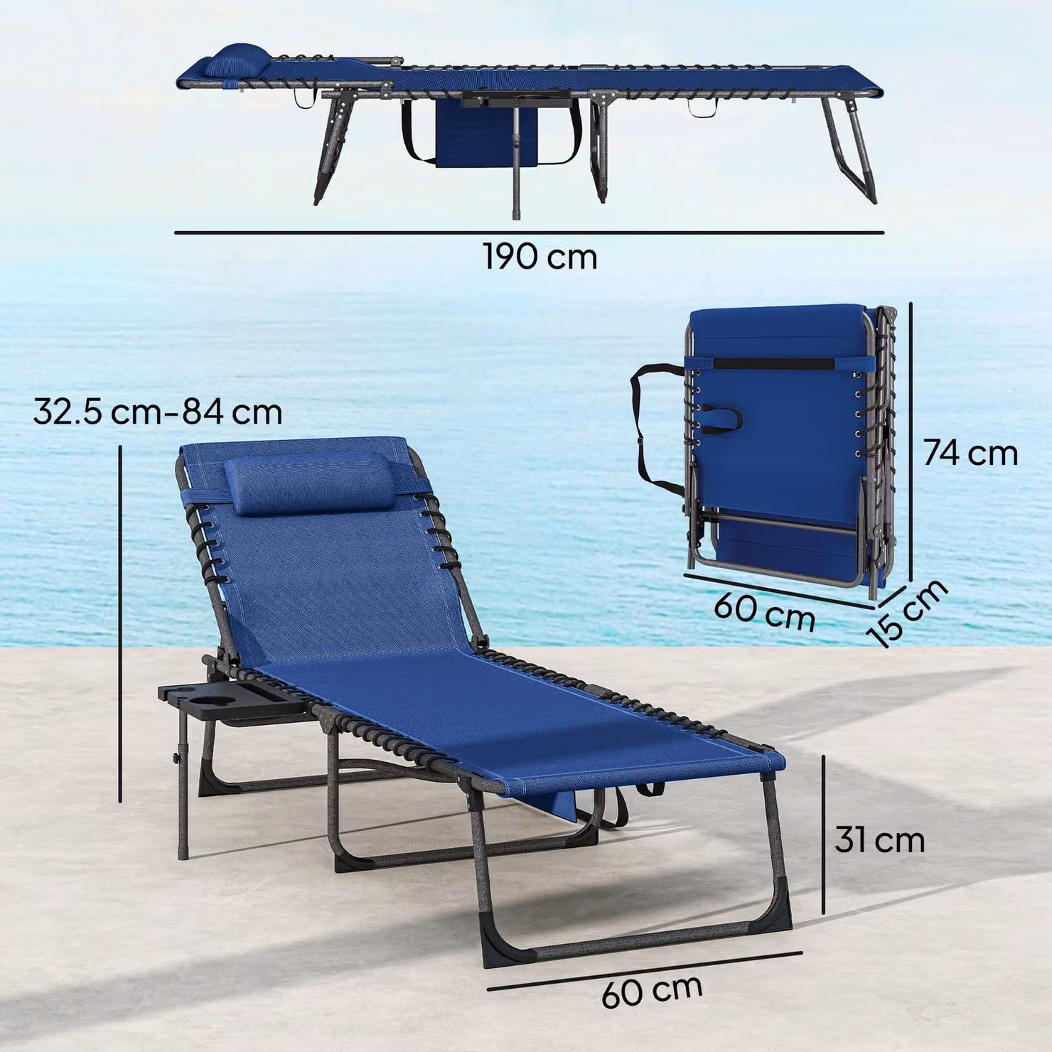 Outsunny Set of 2 Five-Position Reclining Sun Loungers in Blue – 3