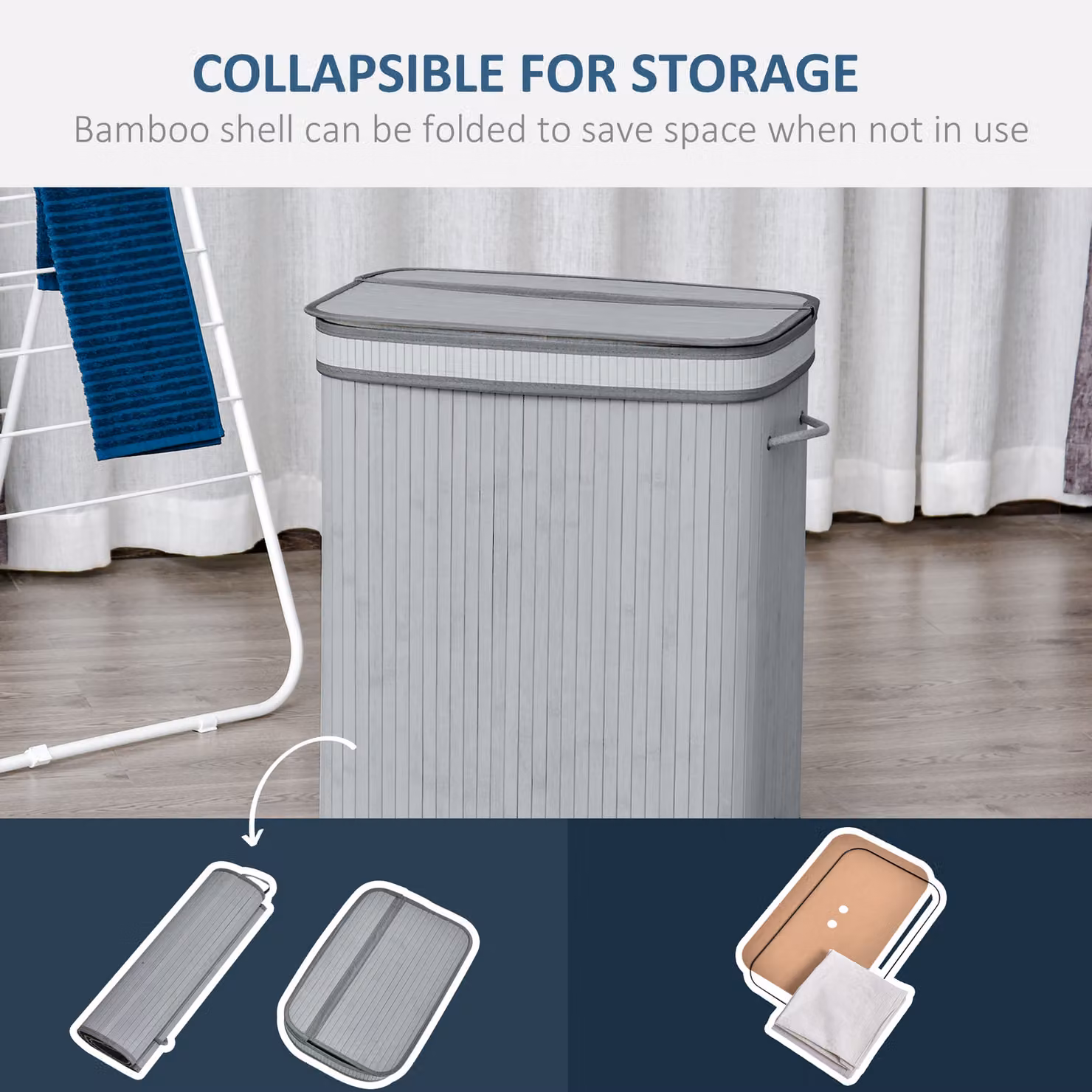 HOMCOM 100L Natural Wood Laundry Basket with Flip Lid, Removable Liner and Handles, Grey – 3