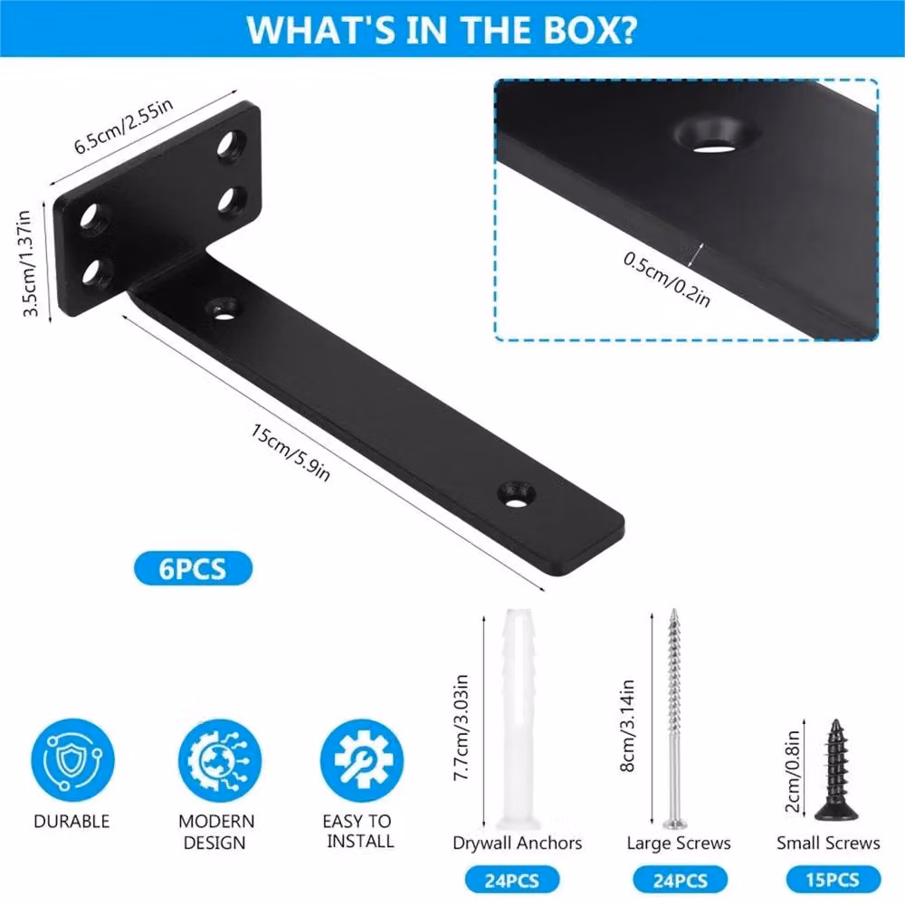 Nordara 6 Pack Heavy Duty Metal Floating Shelf Wall Support Brackets in Black – 2