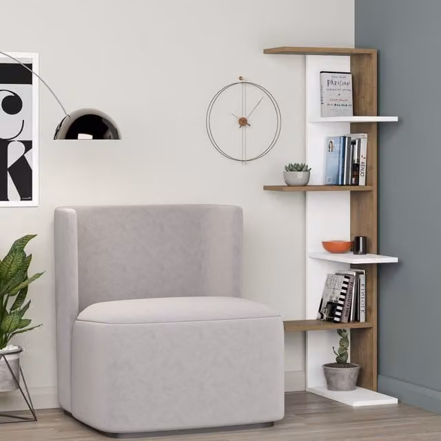Decortie Modern Wall Mounted Corner Bookcase Display Unit in White and Brown