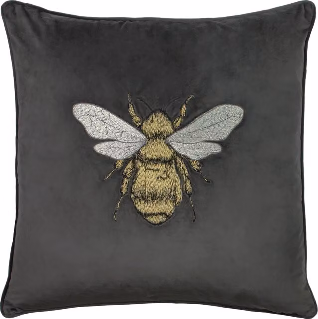 Make it a Home Hortus Embroidered Bee Cushion in Charcoal Grey Velvet and Polyester with Feather Filling