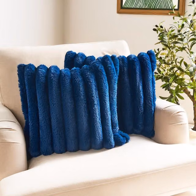 OHS Jumbo Faux Fur Ribbed Cushion Covers in Navy Blue