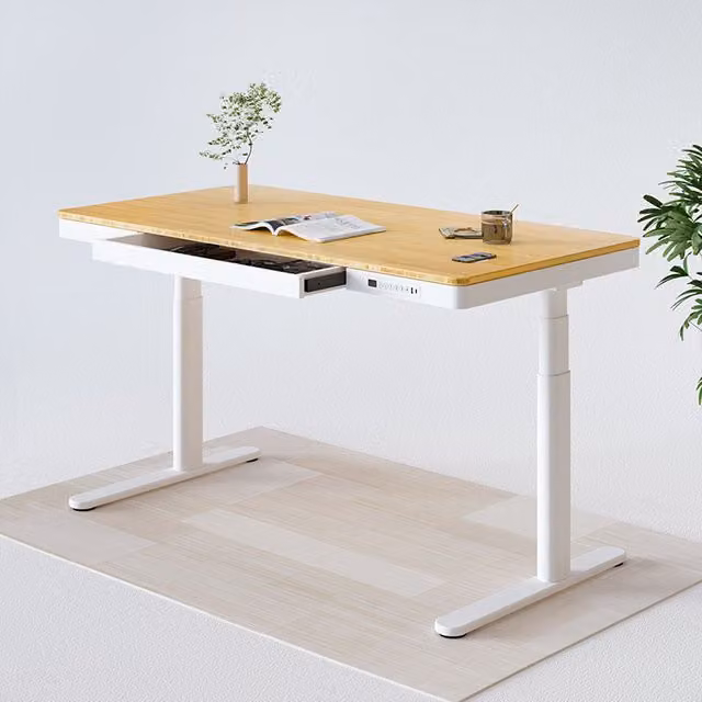 FlexiSpot Q8 Electric Adjustable Standing Desk with Bamboo Desktop and Drawer, White