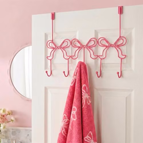 OHS Pink Bow Shaped Metal Over Door Hook Hanger with 5 Hooks for Coats, Bags and Towels – 2