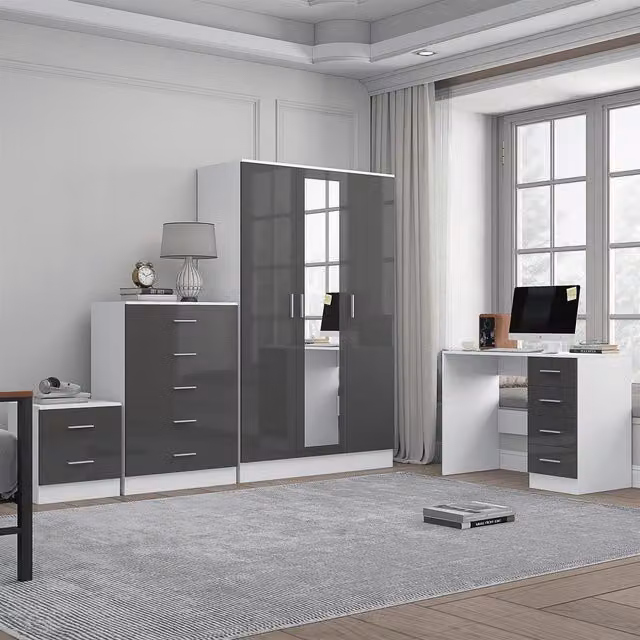 REFLECT Furniture Bundle including 3-Door Mirror, Chest, Bedside Table and Desk in Grey Gloss and Matt White