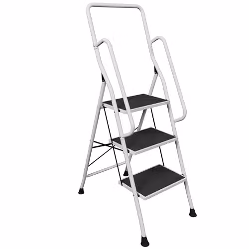 Home Vida 3-Step Heavy Duty Steel Folding Ladder with Safety Rails in White – 2