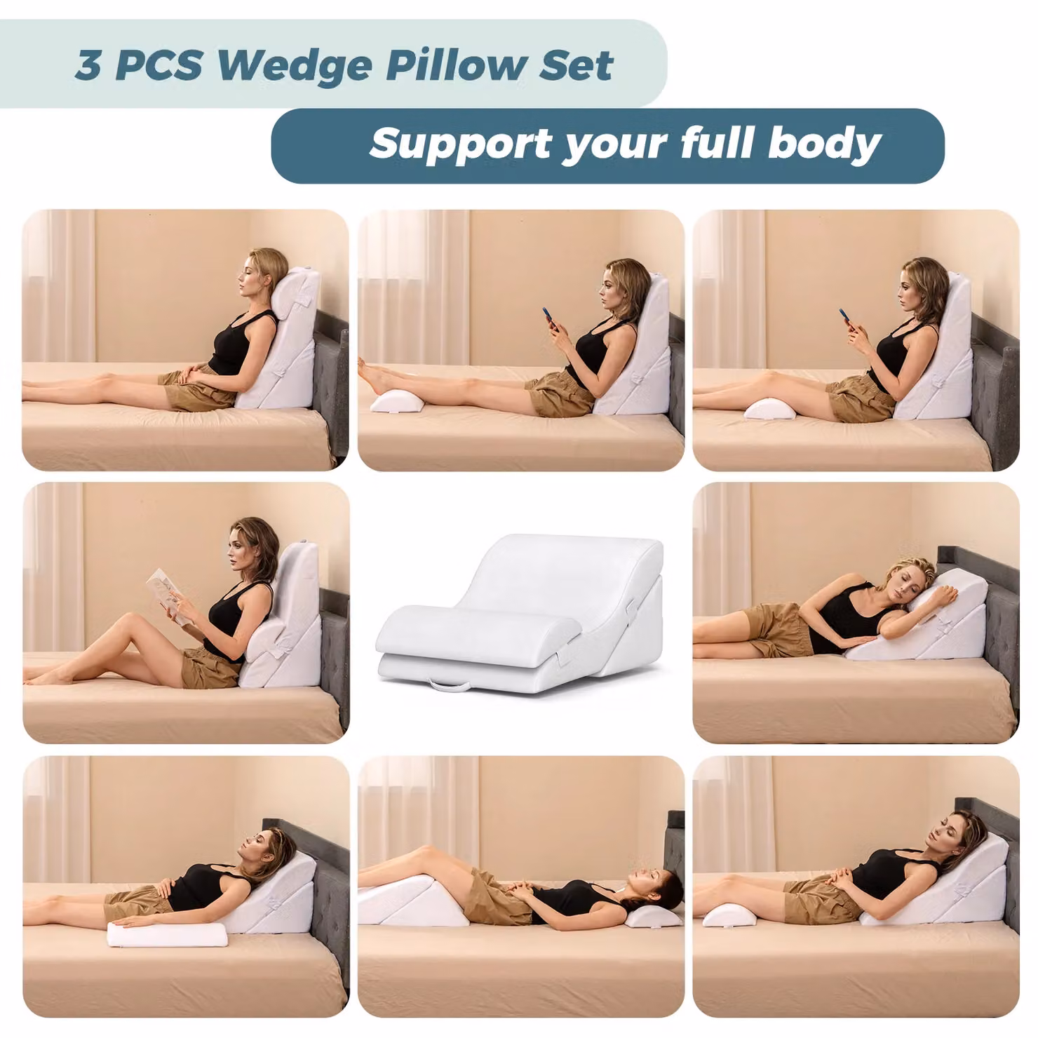 Gymax 3 Piece Orthopaedic Bed Wedge Pillow Set in White with Removable Covers – 2