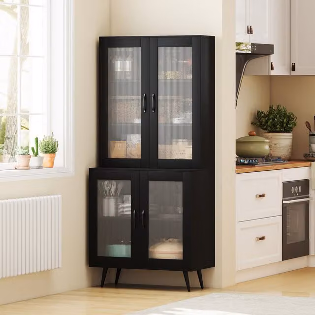 COSTWAY Modern Black Kitchen Pantry Cabinet with Glass Doors and Metal Frame