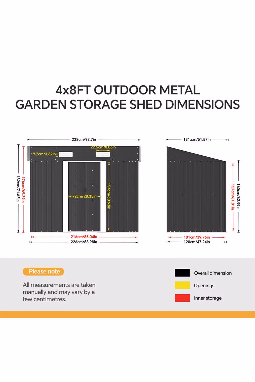 Garden Sanctuary Modern Metal Pent Storage Tool Shed with Double Doors and Side Vent, Black, H x W x D: 182.0 x 131.0 x 121.92 cm – 3