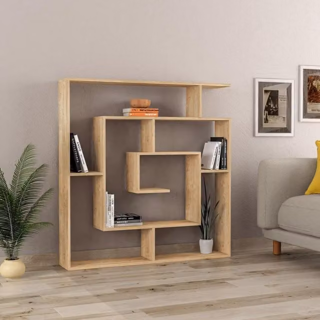 FWStyle Modern Maze Inspired Geometric Bookcase Room Divider Shelving Unit in Natural Oak