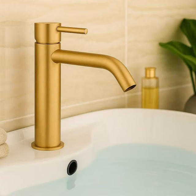 Bathroom Kingdom Redondo Brushed Brass Round Tall Basin Mixer Tap in Gold