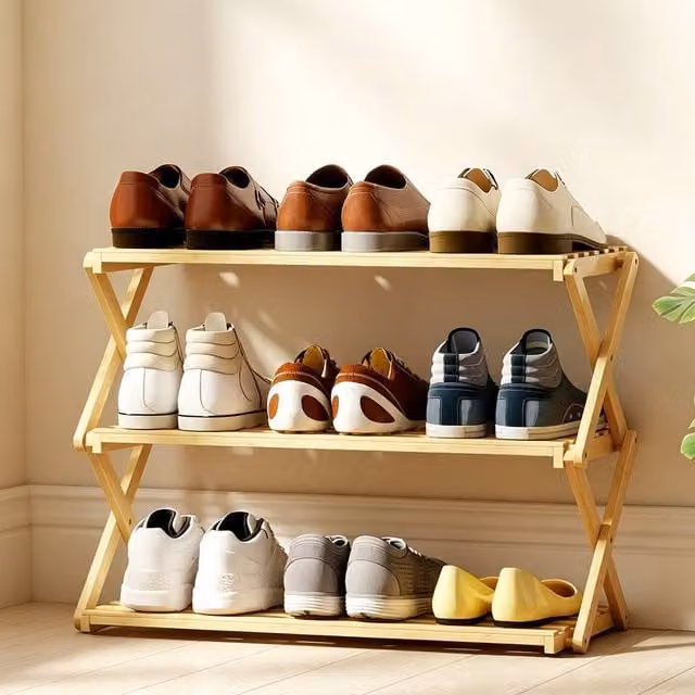 ERGOVEXA 3-Tier Folding Bamboo Shoe Rack in Brown Lacquered Wood
