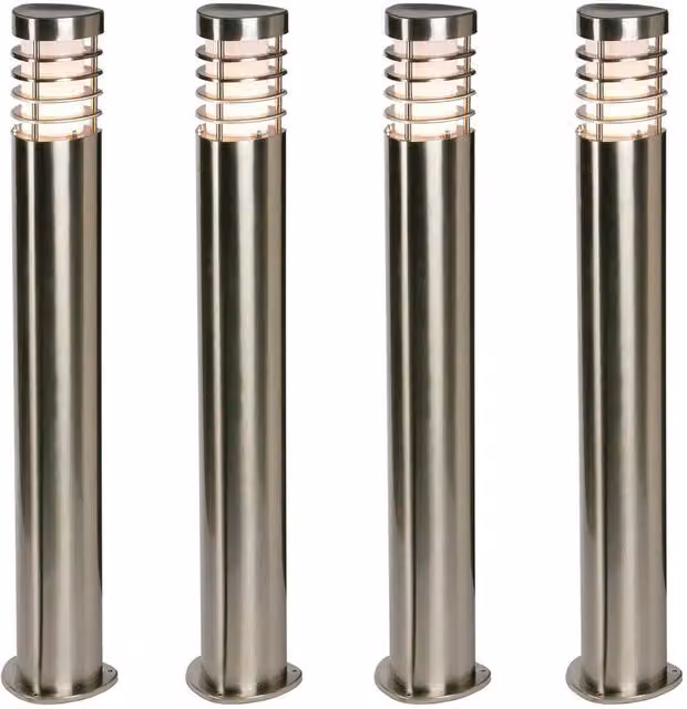 Loops 4 Pack Outdoor Garden Bollard LED Path Lights in Silver Brushed Stainless Steel, IP44 Rated, 9.2W, H 140 cm x W 14 cm x D 14 cm