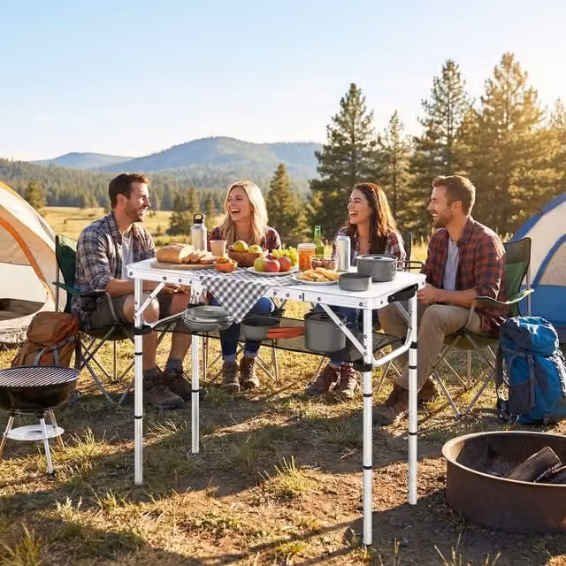 Outsunny White Folding Camping Table with Mesh Storage Layer