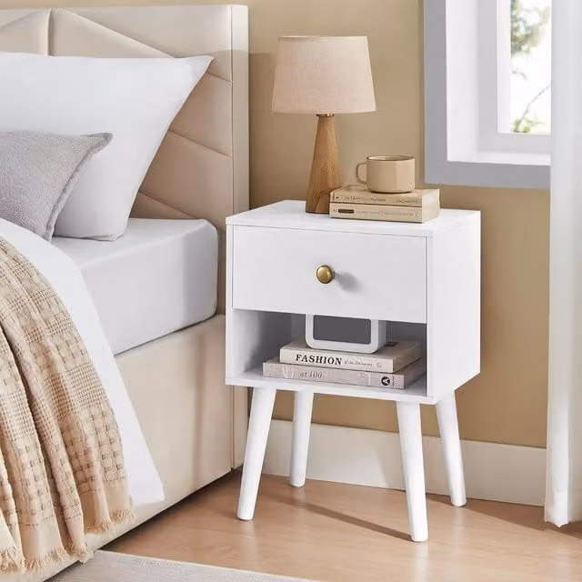 VASAGLE Set of 2 White Scandinavian Style Bedside Tables with Storage Drawer and Solid Wood Legs