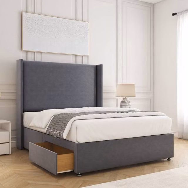 BSSPOKE Austin Double Divan Bed with 54 inch Plush Headboard and 2 Drawers in Grey Velvet Fabric, W/D/H: 140 x 200 cm
