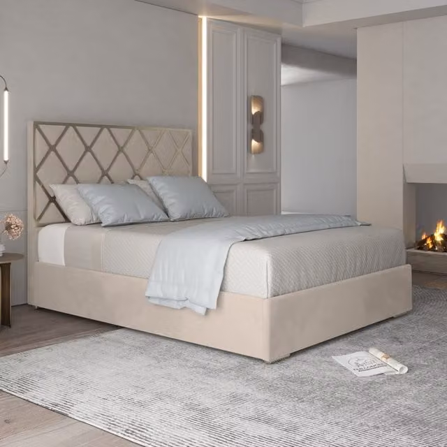 Repose Upholstered Velvet Metal Bed Frame in Cream, 200 x 200 cm