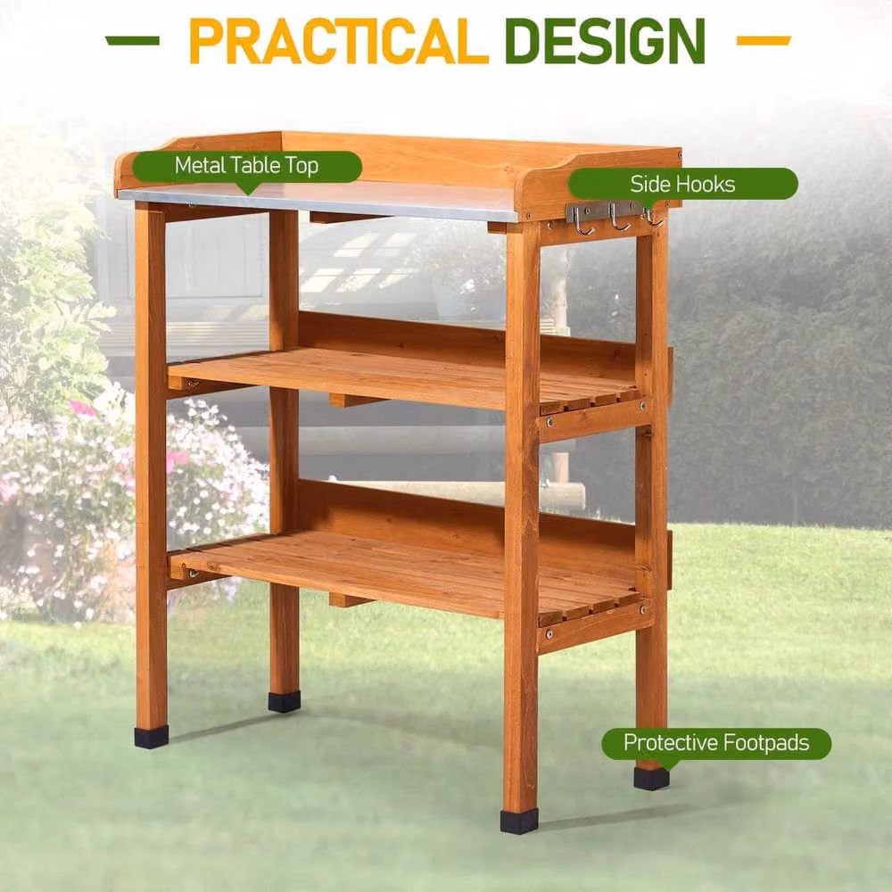 SPETLEK 3-Tier Rustic Wooden and Metal Potting Table Work Station in Brown – 3