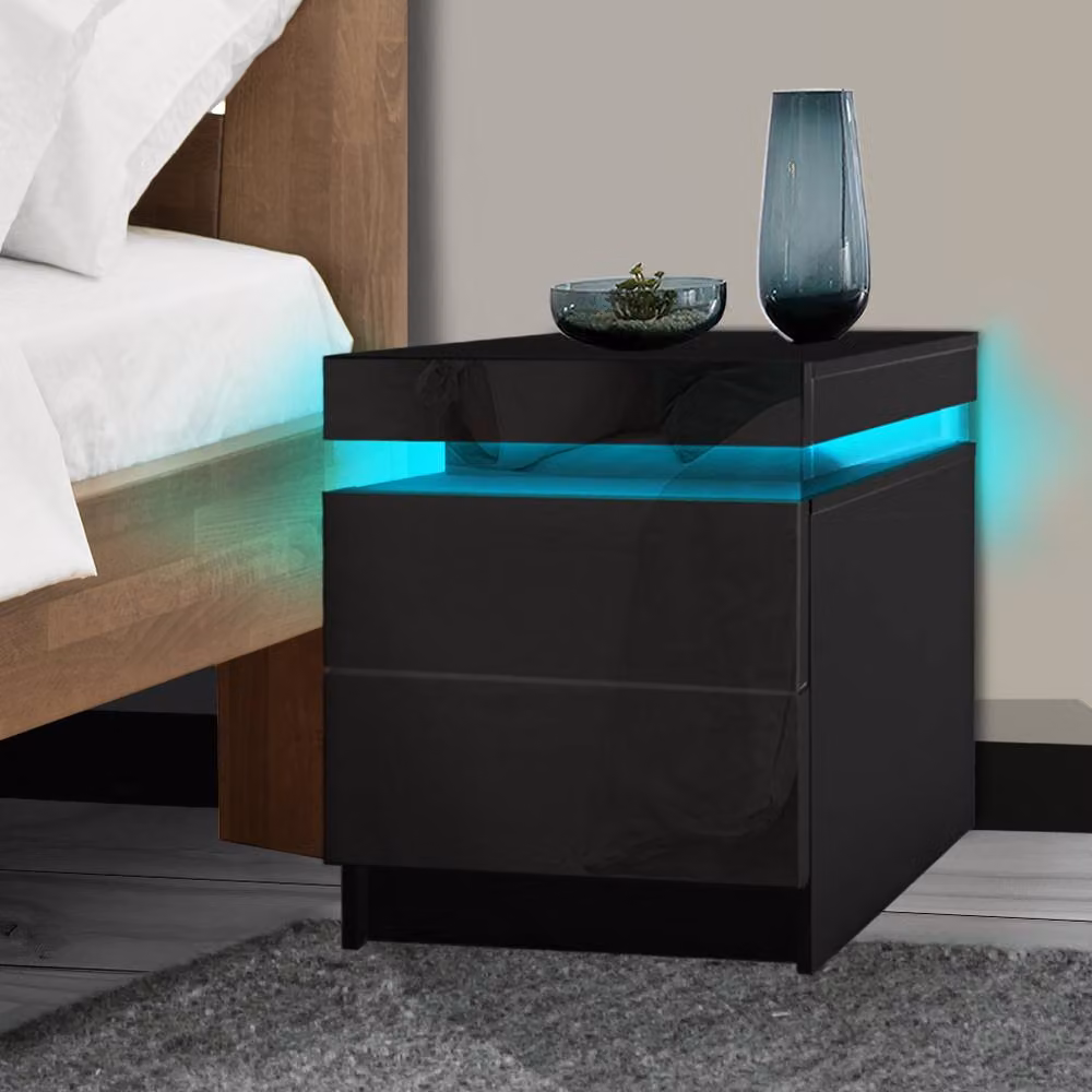 Levede Black High Gloss Bedside Table with 2 Drawers and Integrated RGB LED Lighting – 4