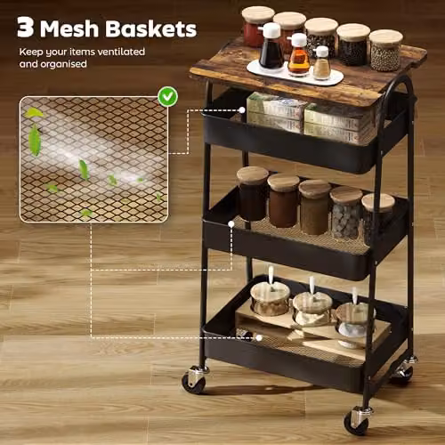HOMCOM 3-Tier Freestanding Storage Trolley with Covered Top Board in Rustic Brown and Black, W: 32.0 cm, D: 45.0 cm, H: 77.5 cm – 3
