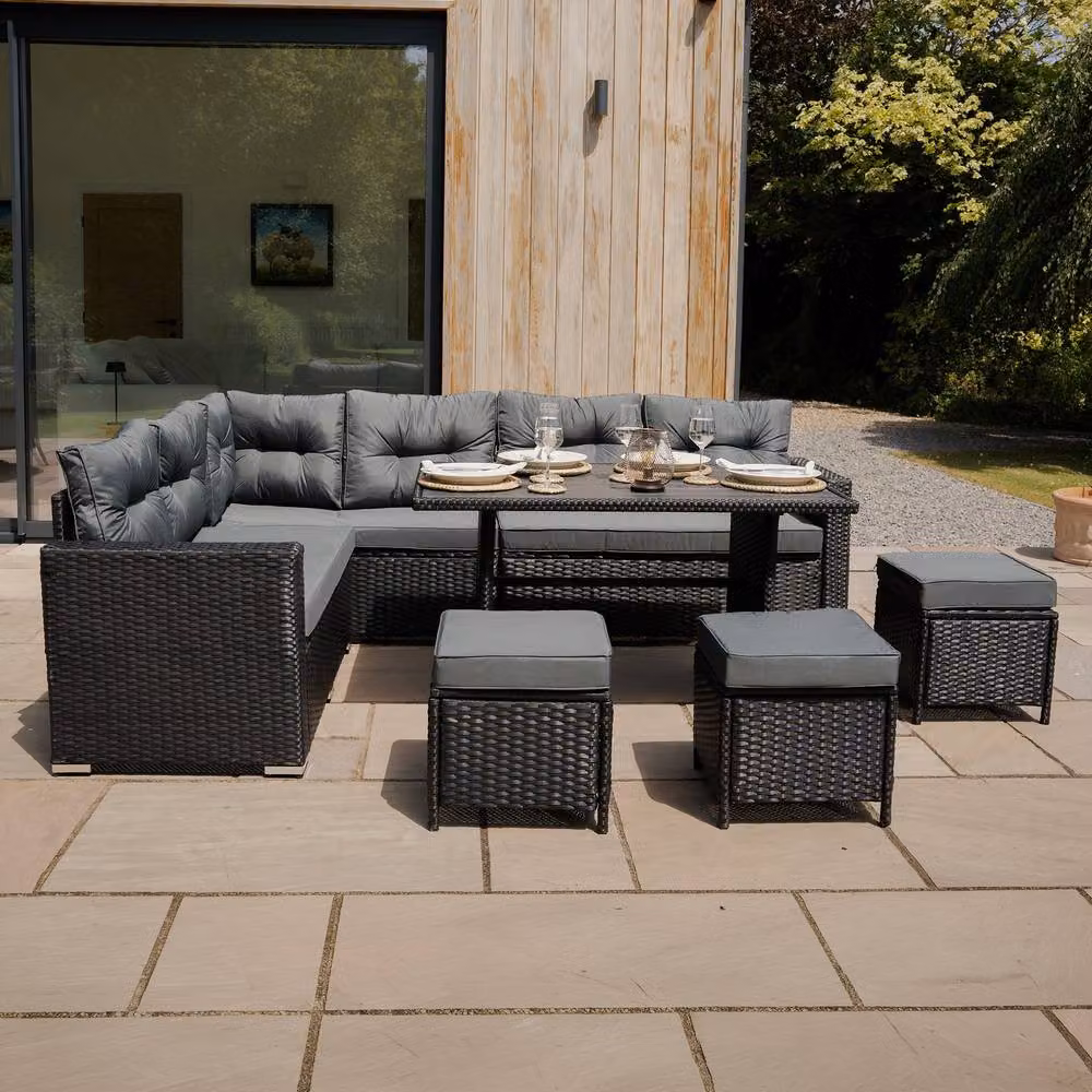 Monstershop Modern Rattan Corner Set with Composite Table in Black and Grey – 3