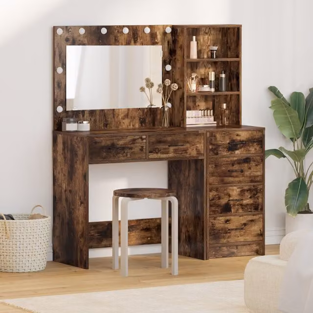 Berkfield Home 2 Piece Hollywood LED Dressing Table Set in Smoked Oak Brown – 1