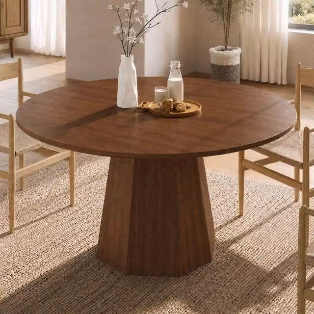 Merax Mid-Century Modern Round Pedestal Dining Table in Brown, W: 120 cm, H: 75 cm