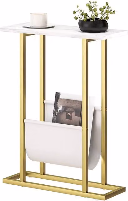 KORVIXA Narrow Side Table with Magazine Holder in White and Gold – 1