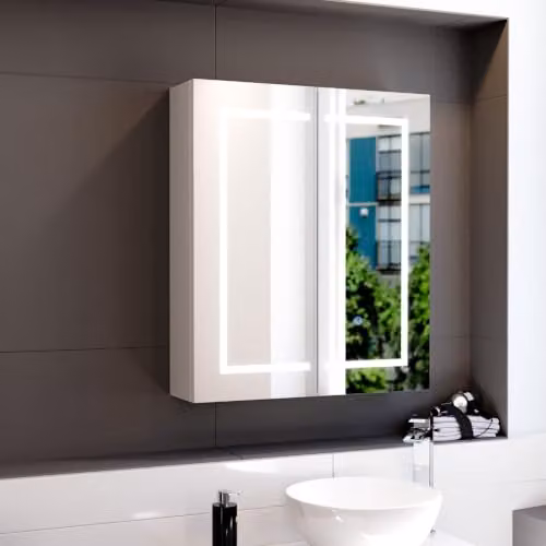 Nes Home White LED 2-Door Bathroom Mirror Cabinet with Sensor Switch, W: 60 cm, H: 70 cm, D: 15.3 cm – 3