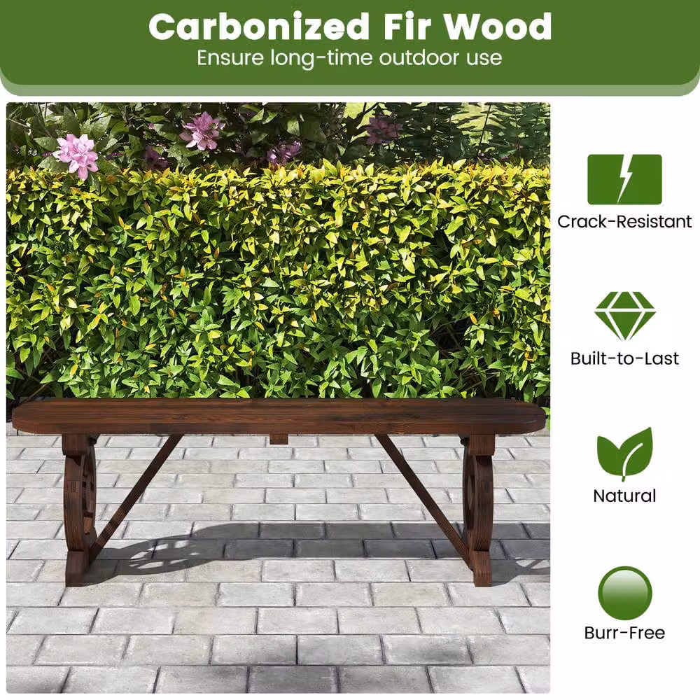 Costway 2-Seat Curved Garden Dining Bench in Brown Carbonised Wood with Wagon Wheel Base – 3